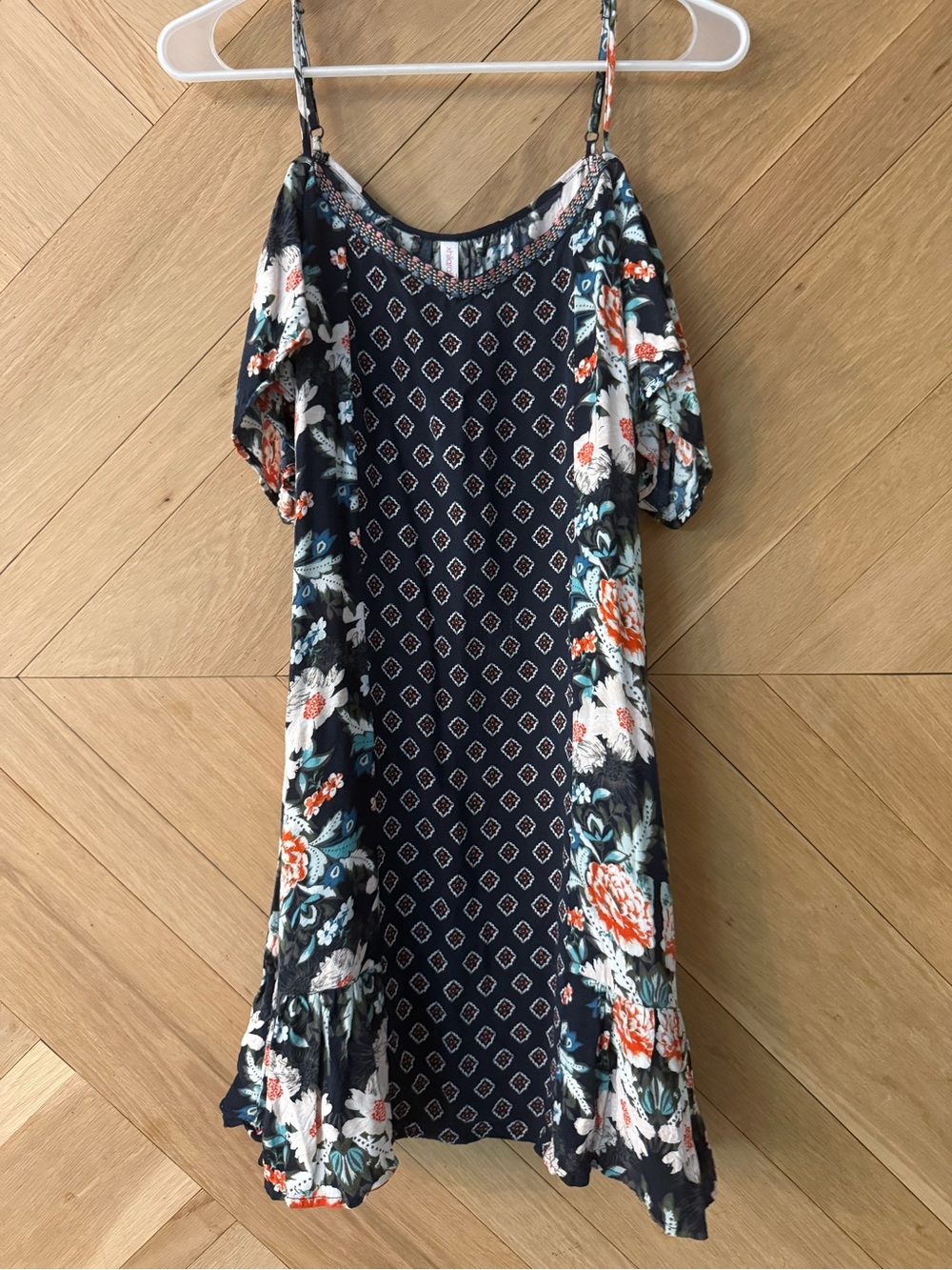 Xhilaration Navy Floral Cold-Shoulder Mini Dress with Orange Accents